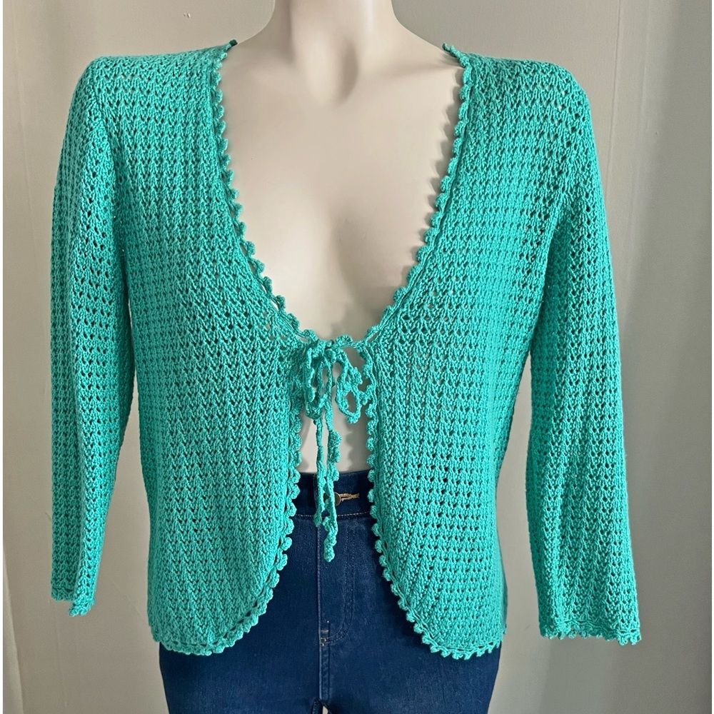 Vintage Y2K Turquoise Crochet Tie Front Cardigan Coquette Knit Top S